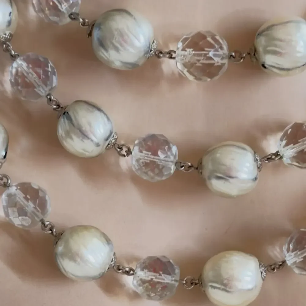 Vintage 1950s 3-Strand Baroque Glass Pearl & Crystal Choker Necklace Rousselet